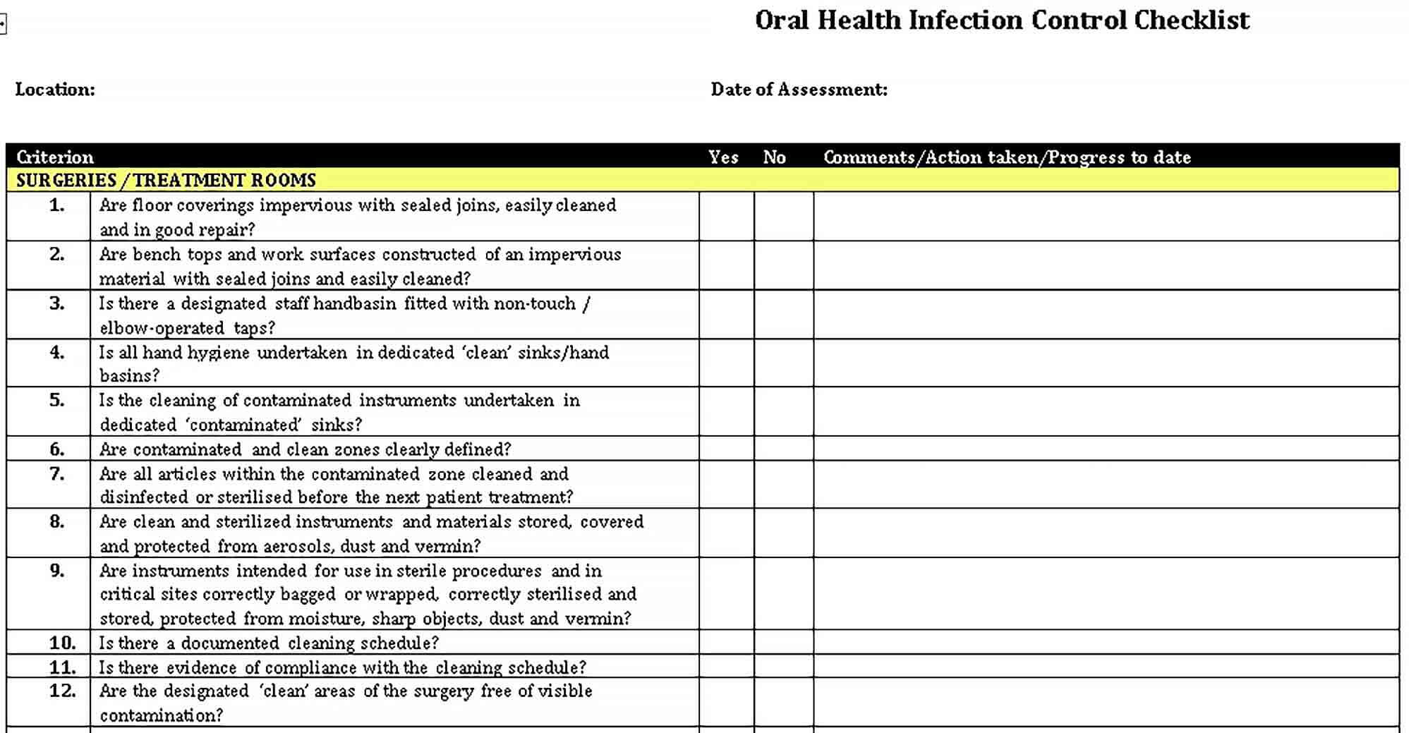 Sample Oral Health Infection Control Checklist Template