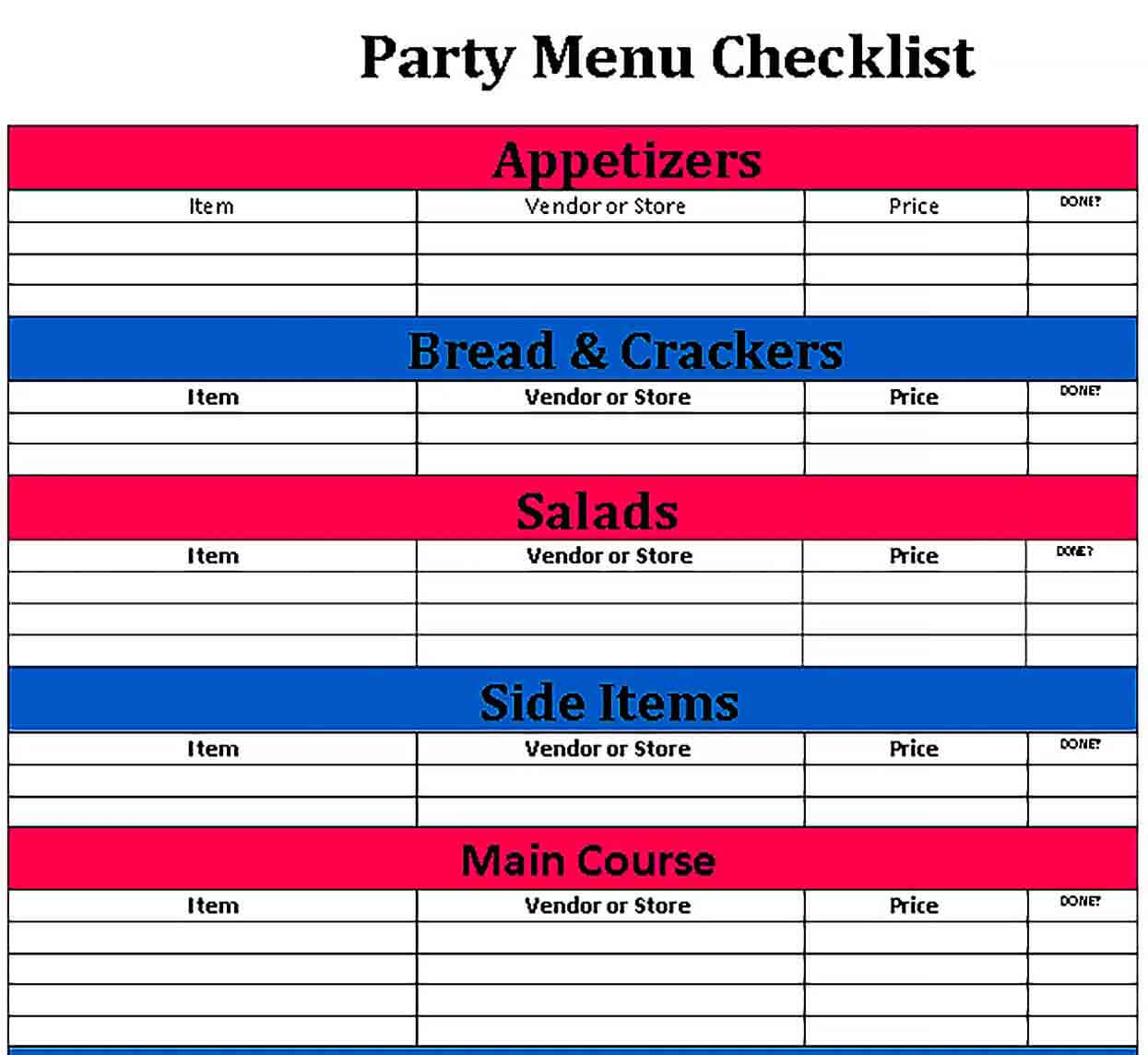 Sample Party Menu Checklist Template