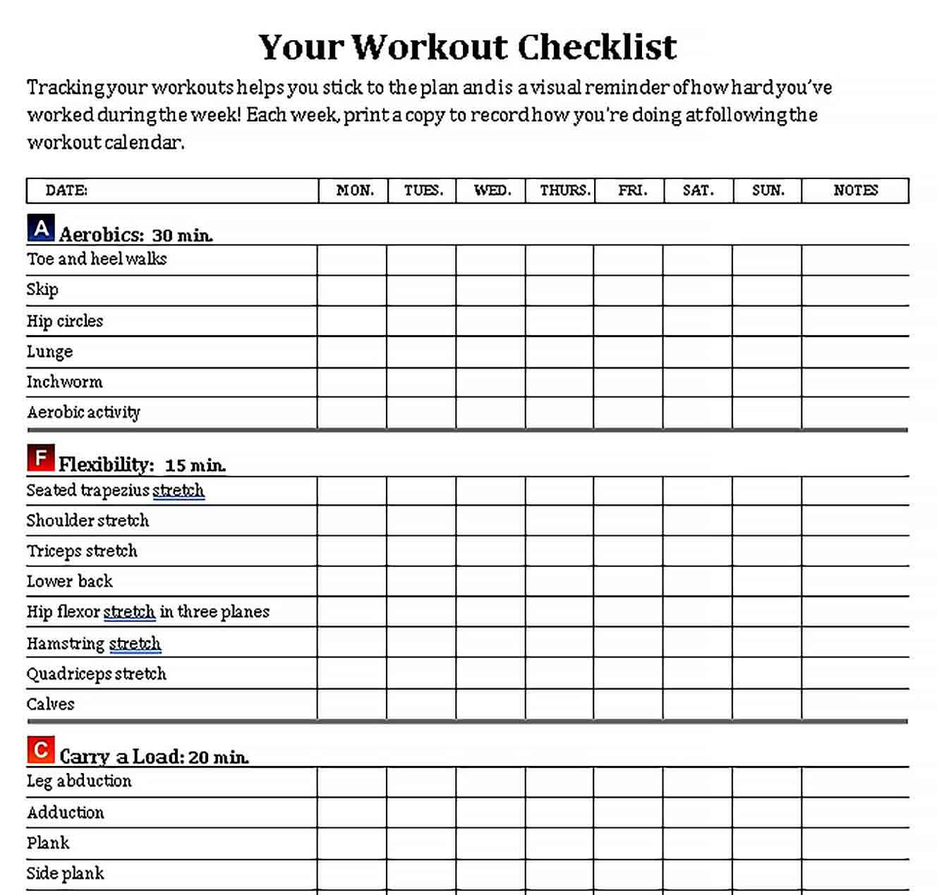Sample Personal Workout Checklist Template