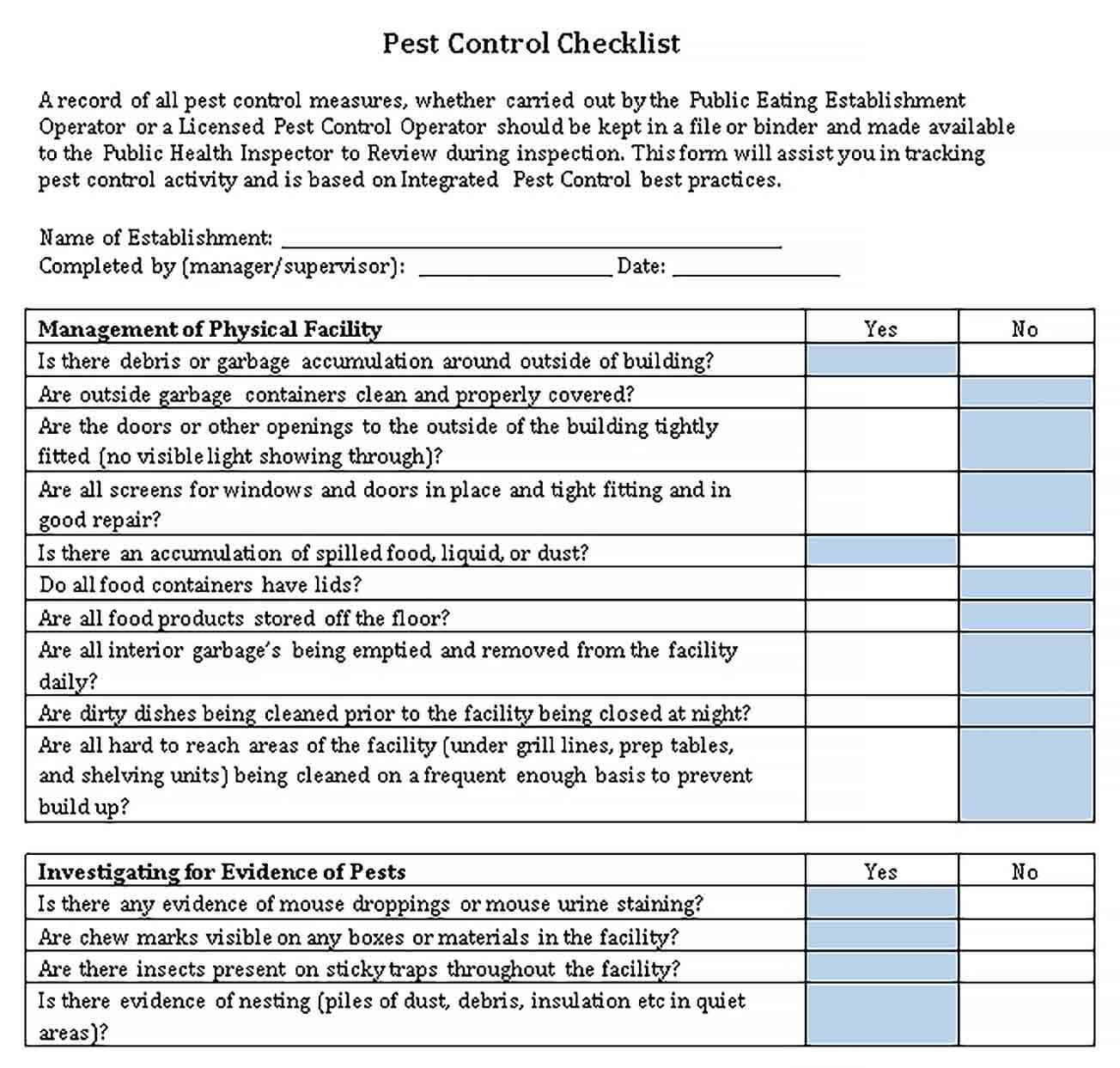 Sample Pest Control Checklist Template