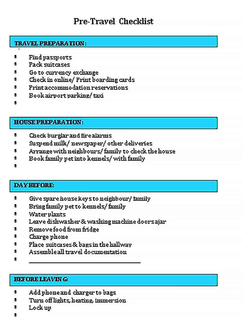 Sample Pre Travel Checklist