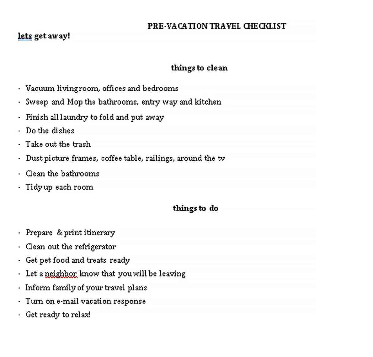 Sample Pre Vacation Checklist