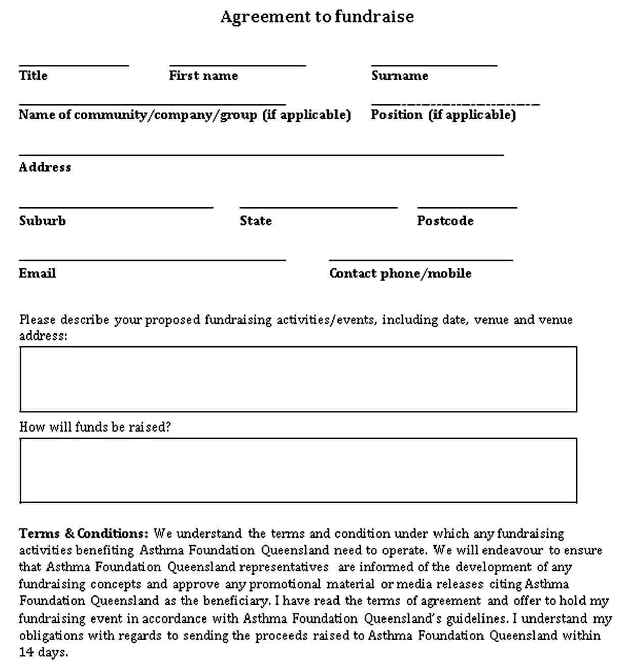 Sample Printable Agreement to fundraise