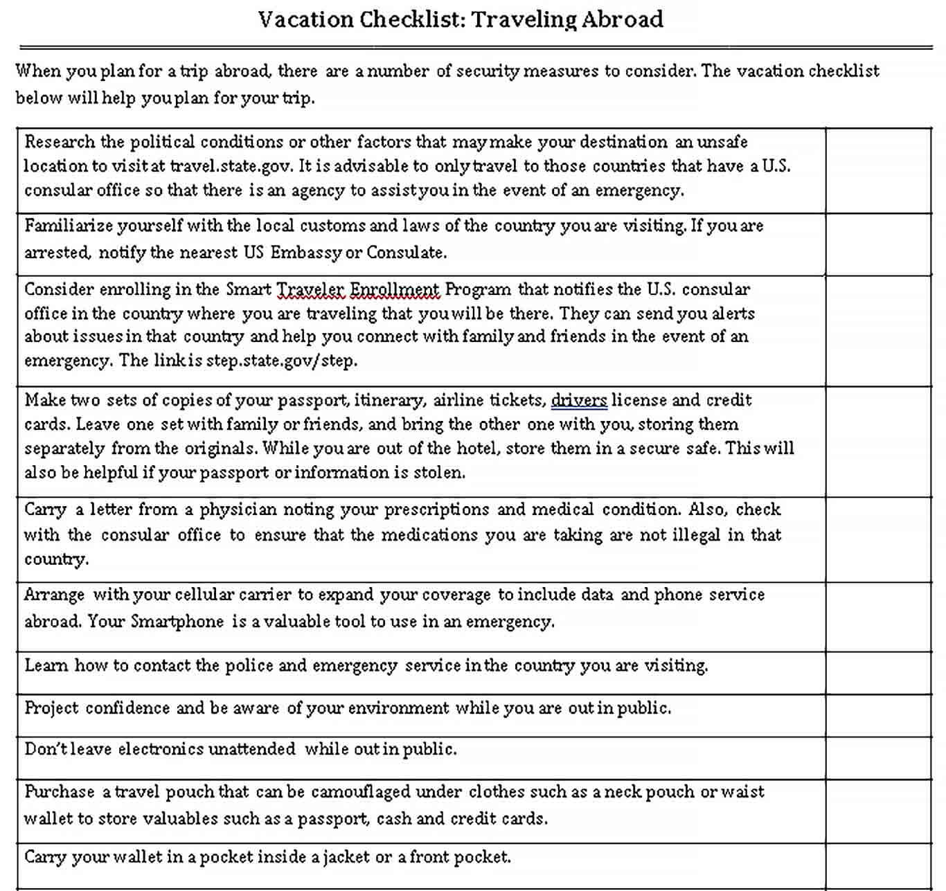 Sample Printable Vacation Checklist