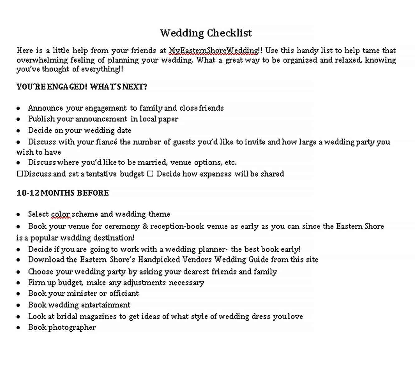 Sample Printable Wedding Checklist