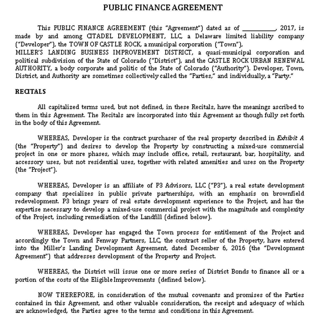 Sample Public Finance Agreement