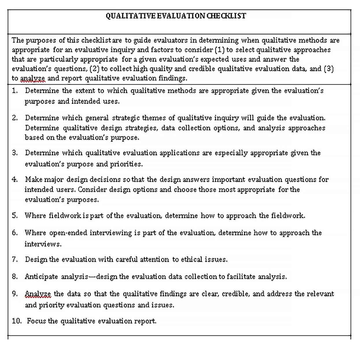 Sample Qualitative Project Evaluation Checklist