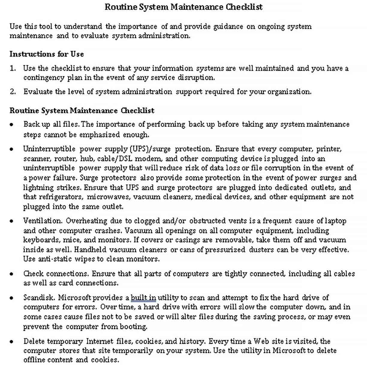 Sample Routine System Maintenance Checklist DOC Format Template