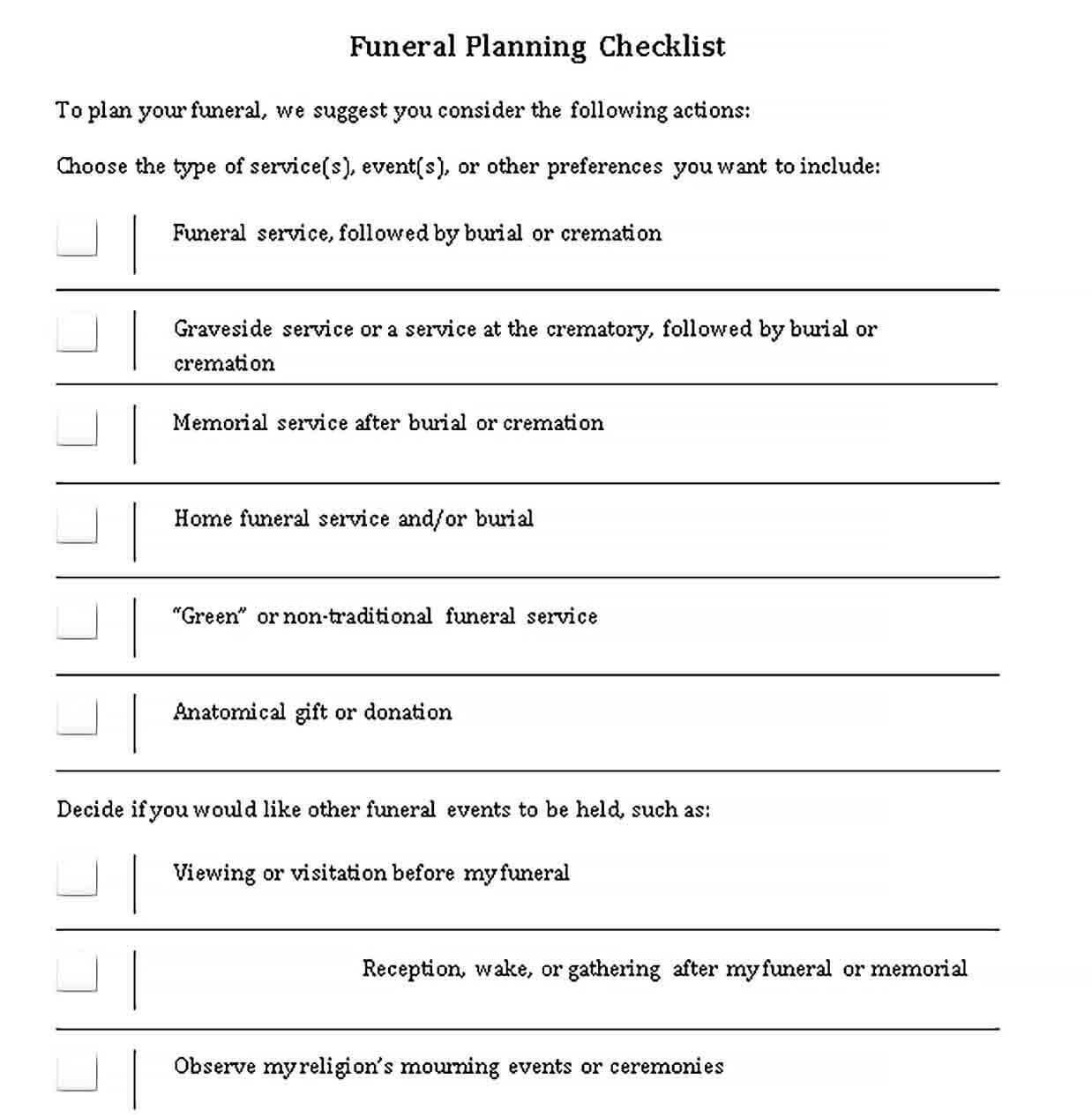 Sample Sample Funeral Planning Checklist