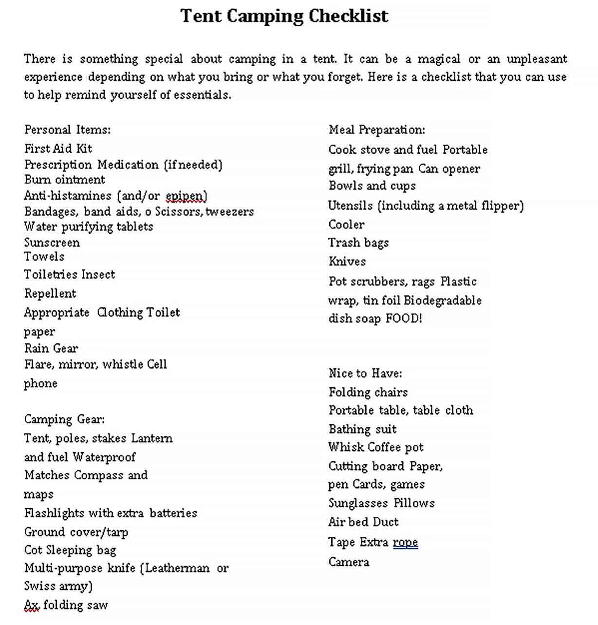 Sample Tent Camping Checklist PDF