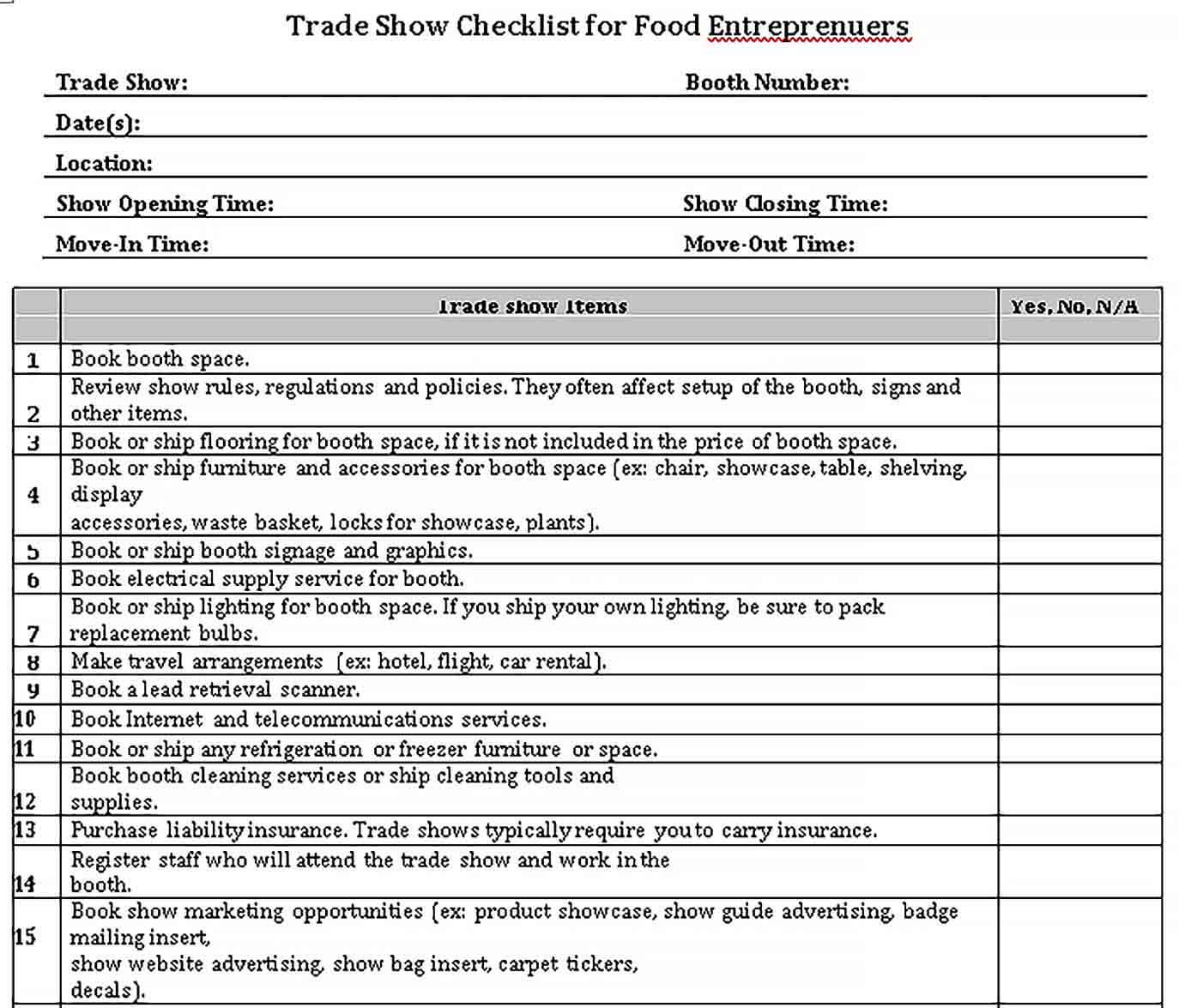 Sample Trade Show Checklist for Food Entreprenuers
