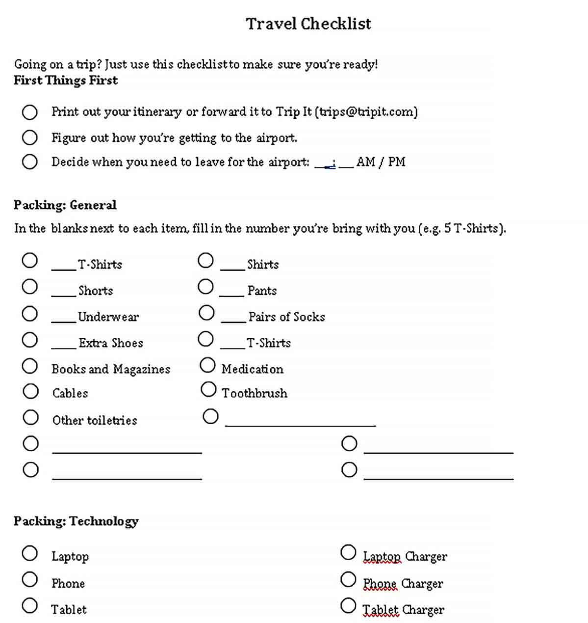 Sample Travel Checklist