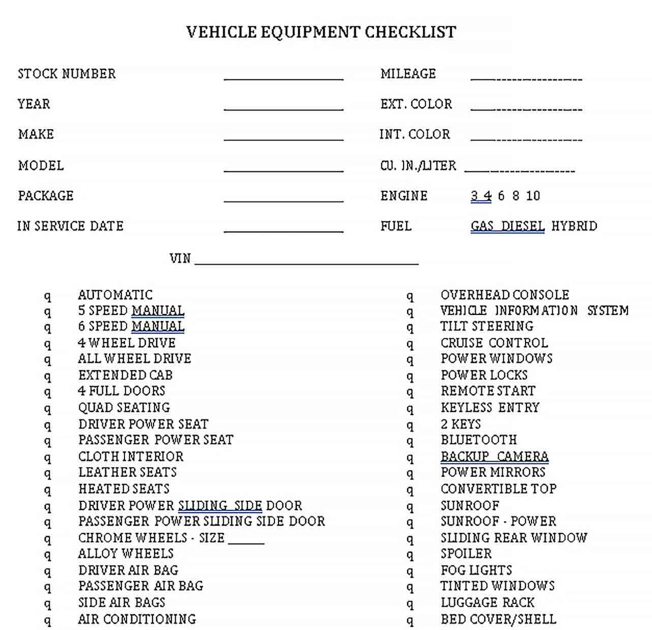 Sample Vehicle Equipment Checklist Sample