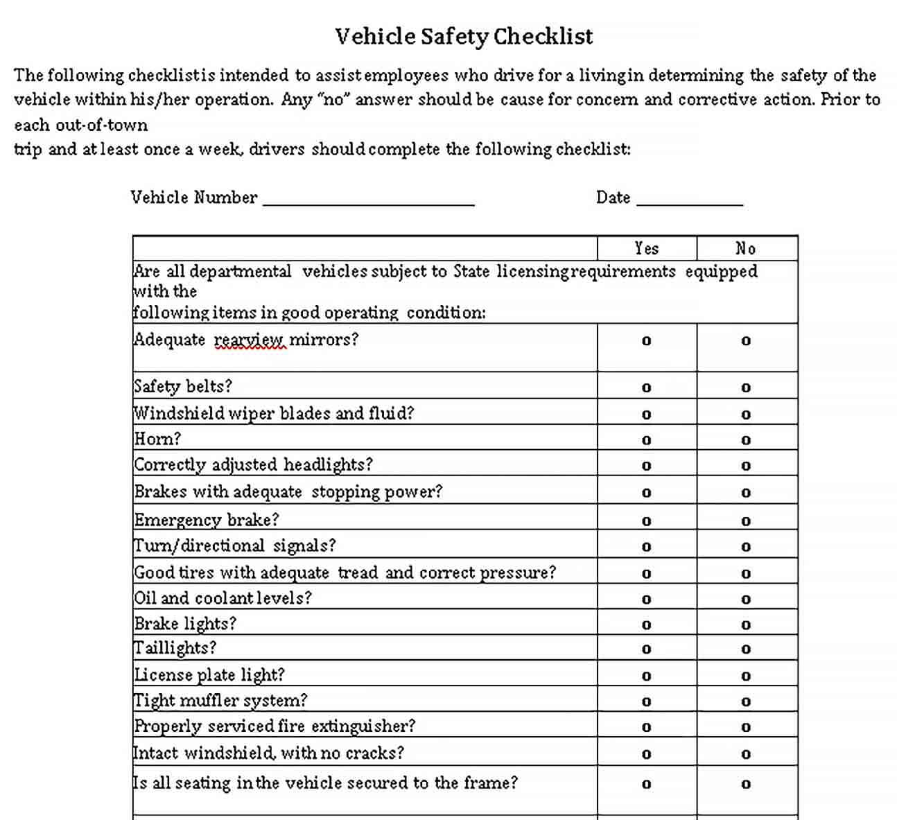 Sample Vehicle Safety Checklist Template