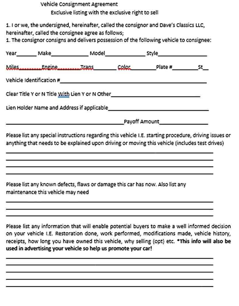 Sample Vehicle Consignment Agreement