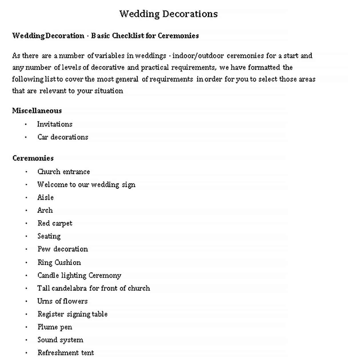 Sample Wedding Decor Checklist