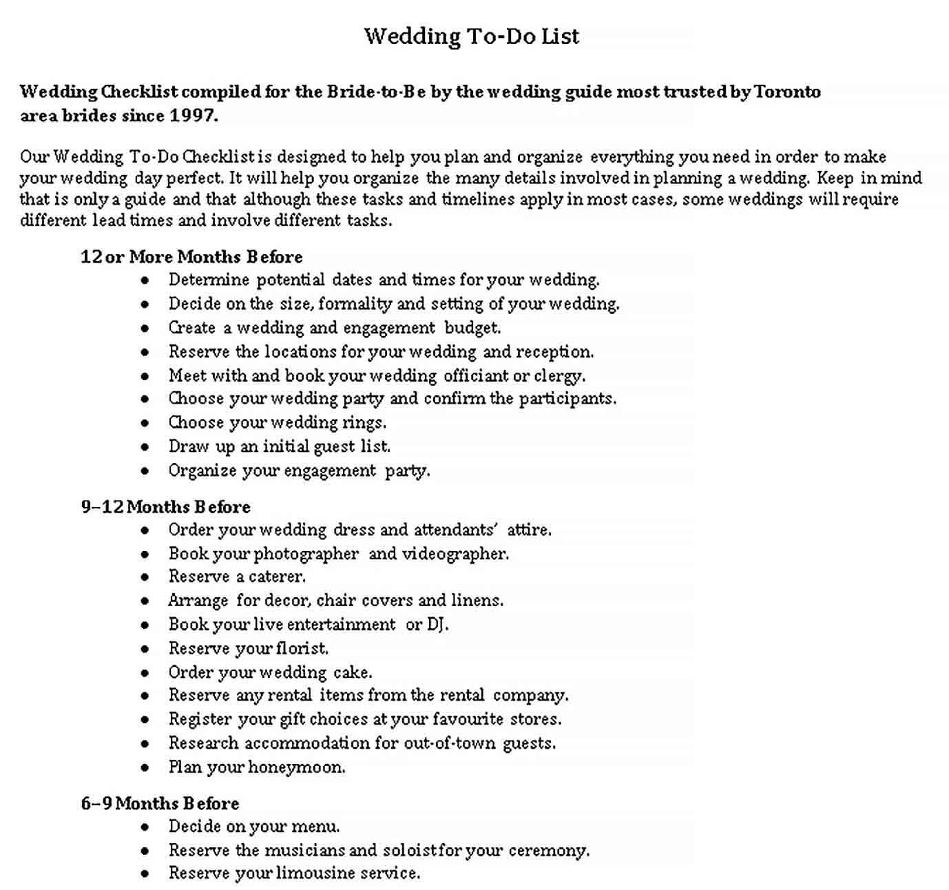Sample Wedding To Do List