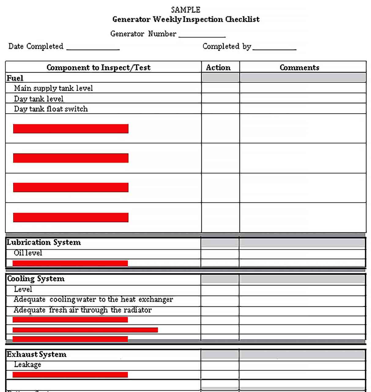 Sample Weekly Inspection Checklist Template