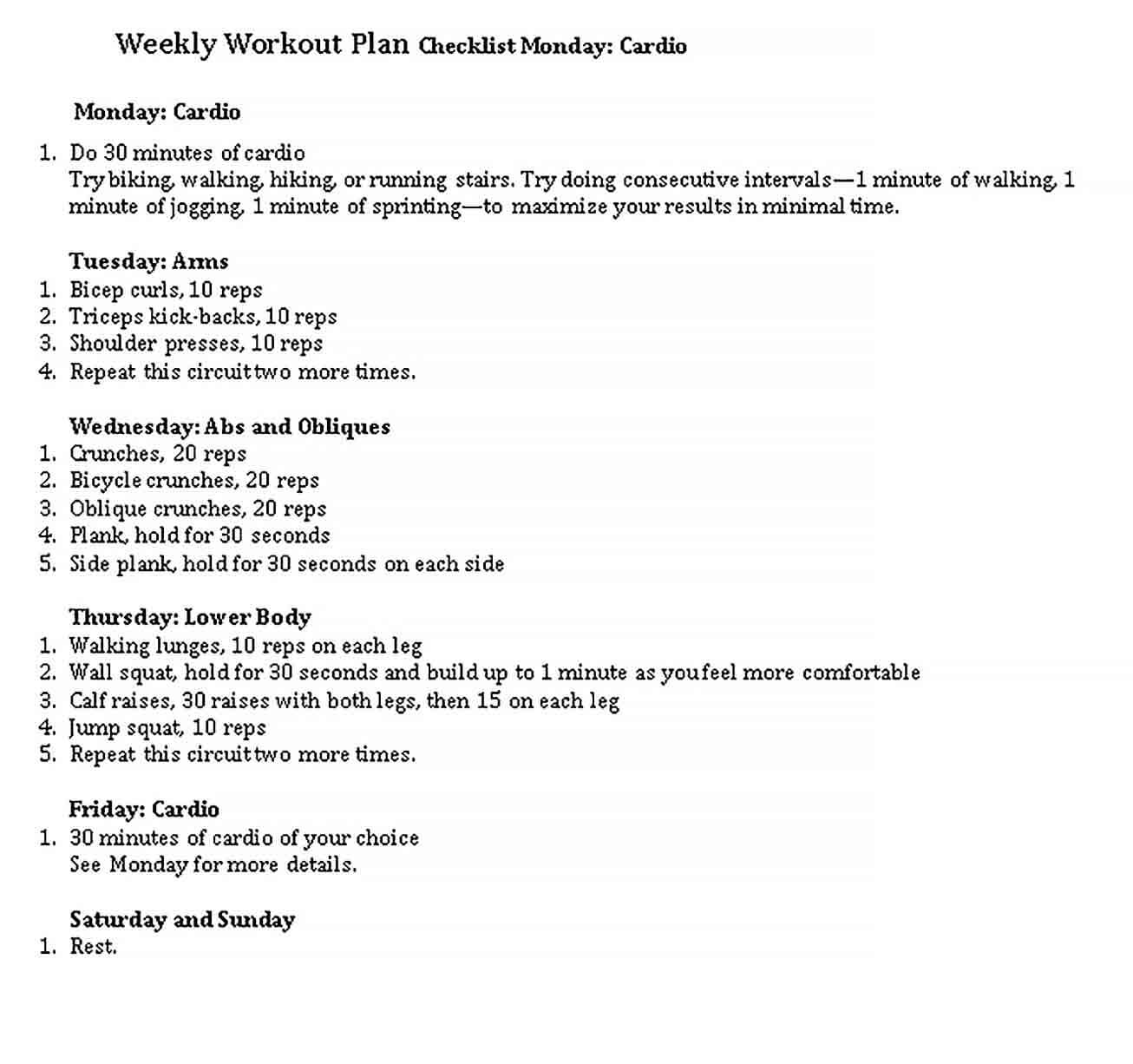 Sample Weekly Workout Checklist Template