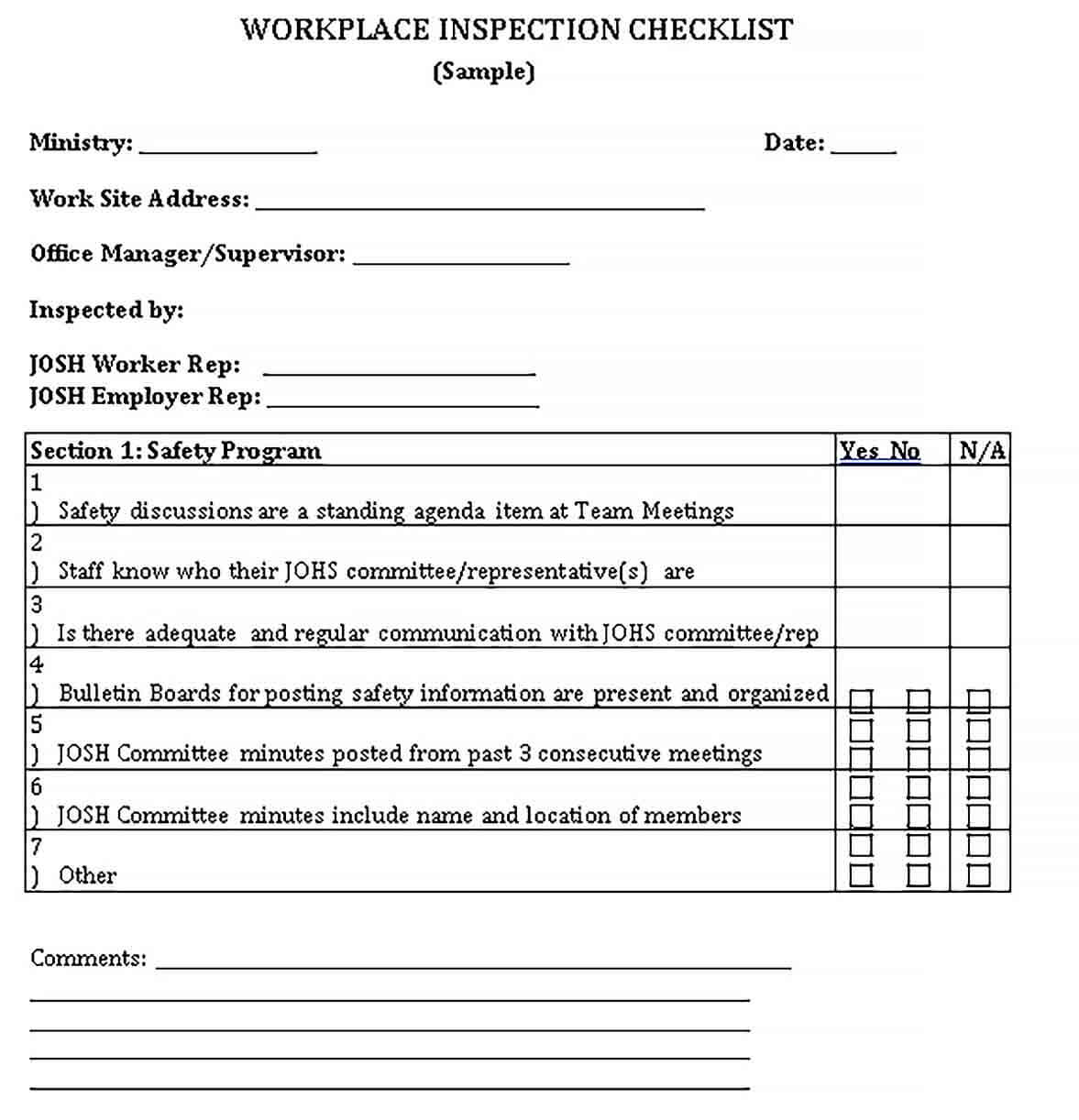 Sample Workplace Safety Inspection Checklist Template