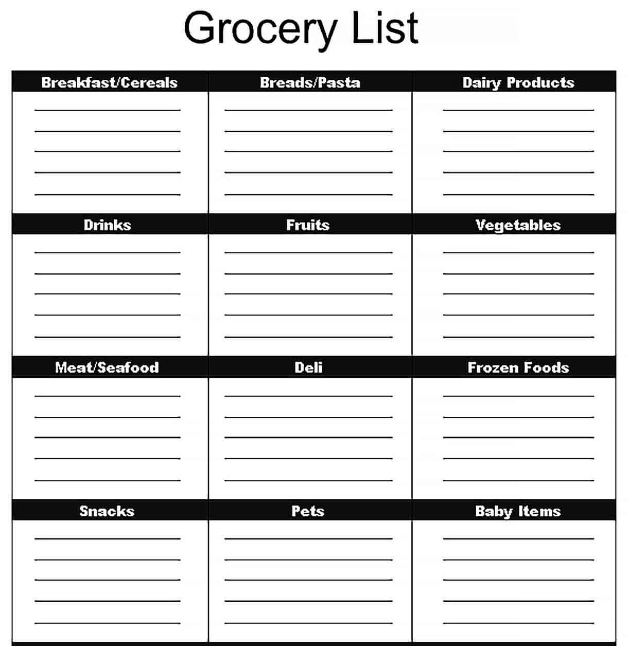 Sample grocery checklist template doc format
