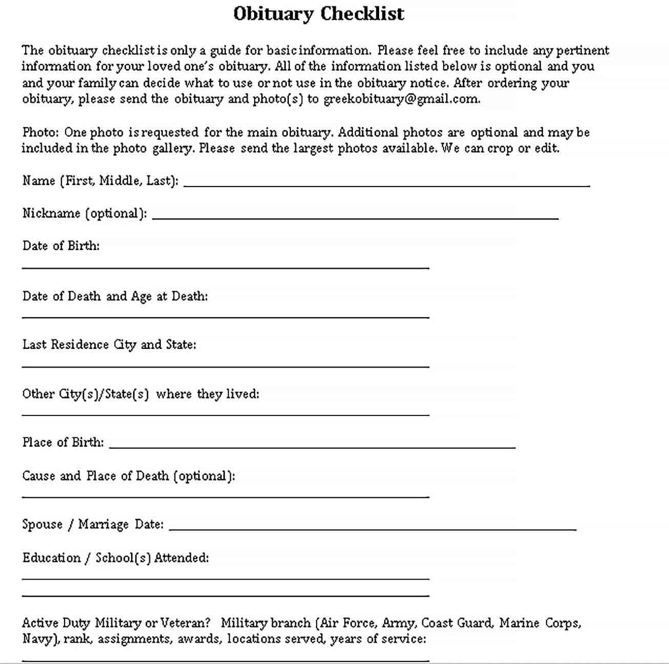 Sample obituary checklist