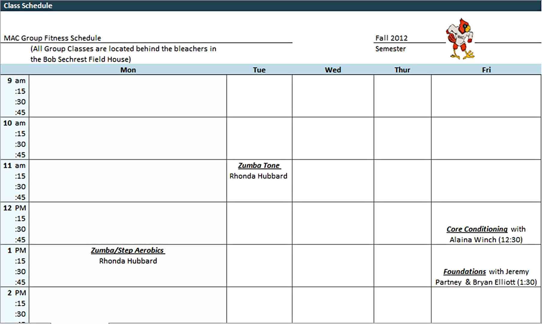 Blank Class Schedule Template Excel