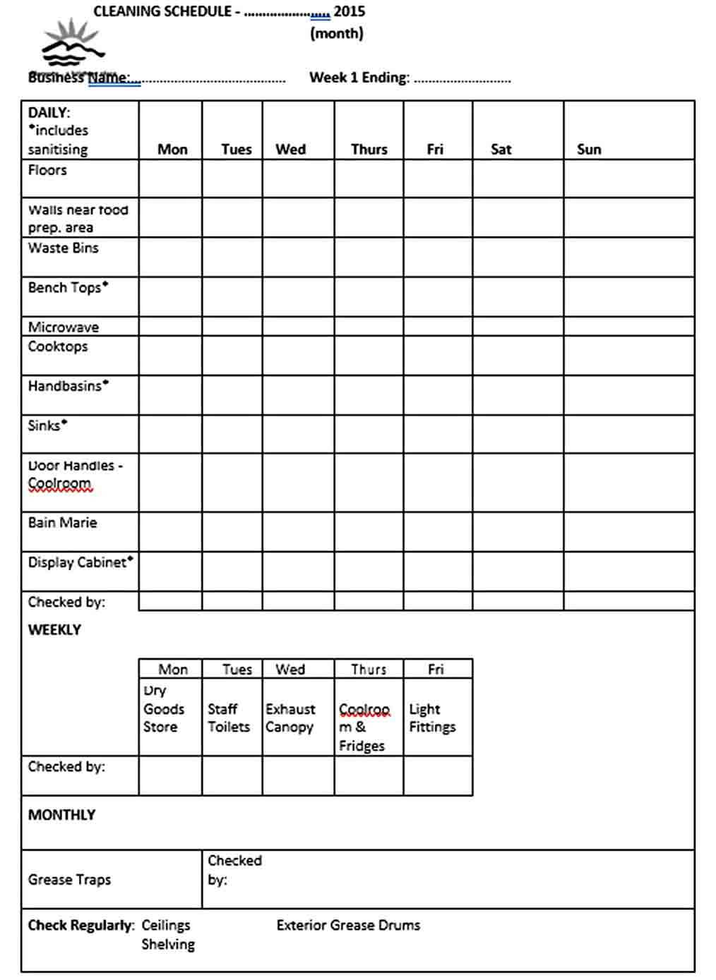 Blank Office Cleaning Schedule Template 1