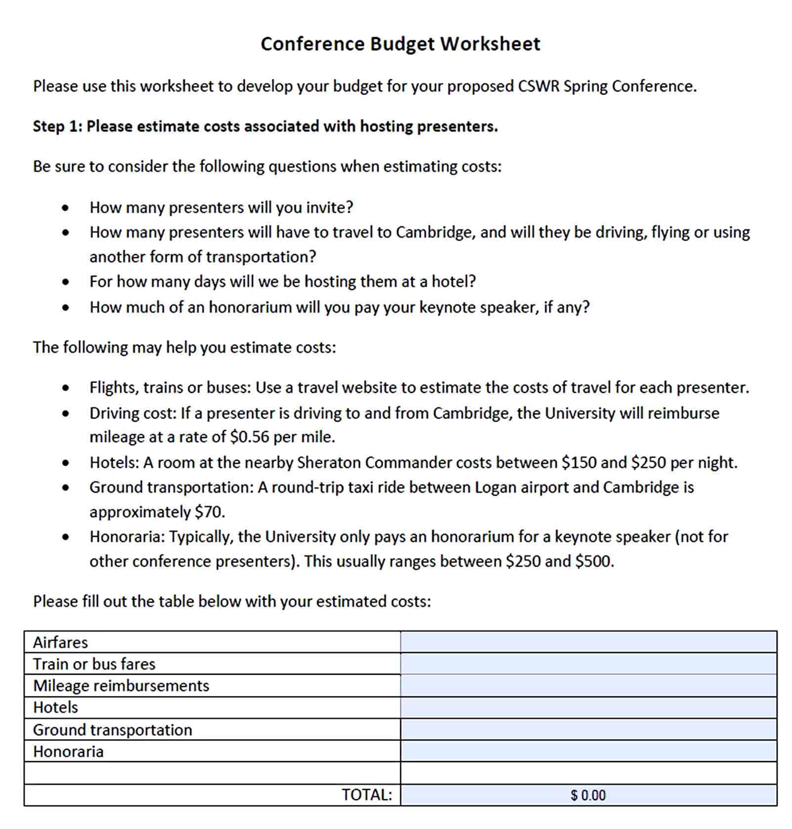 Conference Budget Worksheet