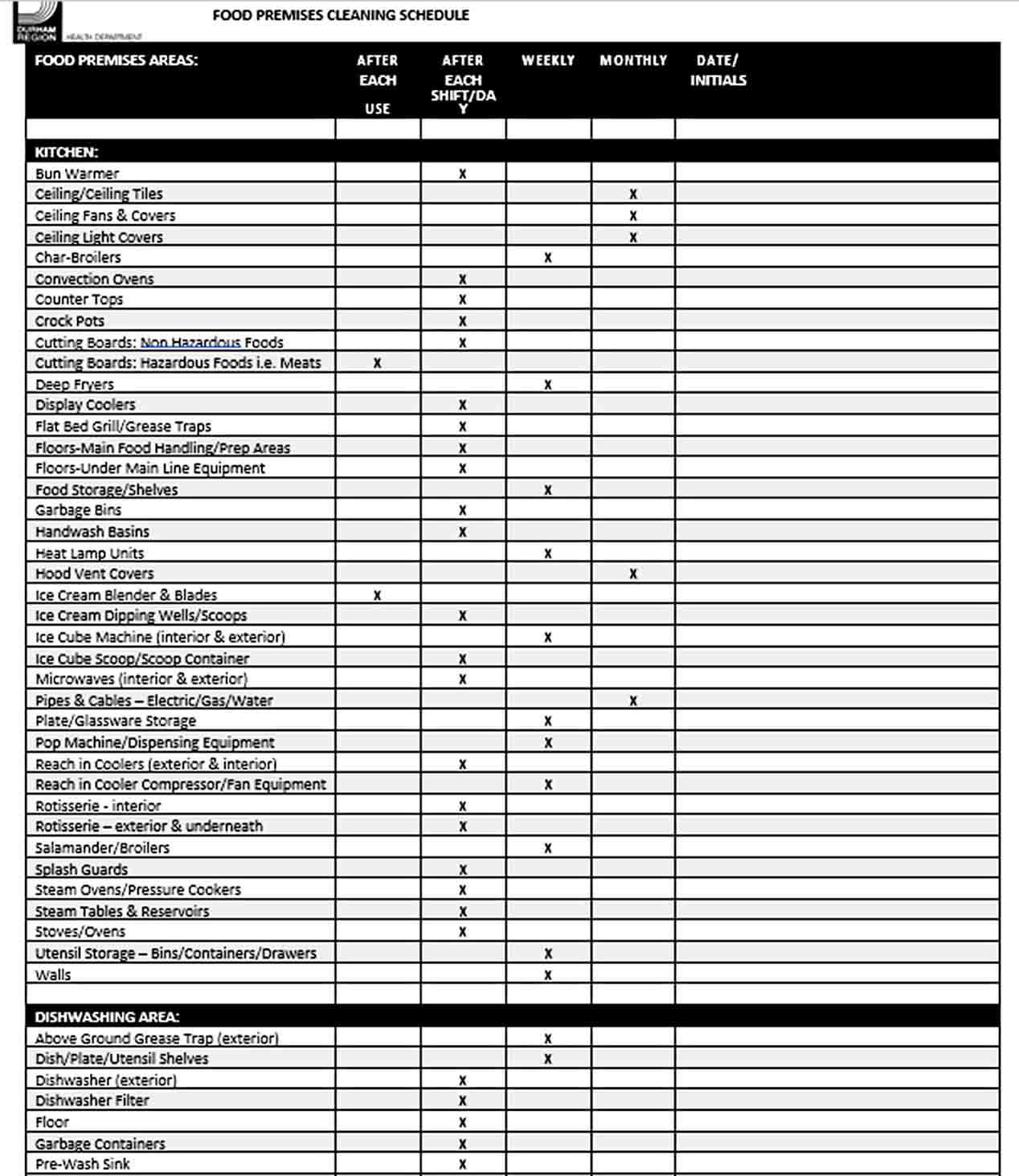 Food Premises Cleaning Schedule Free PDF Format Template
