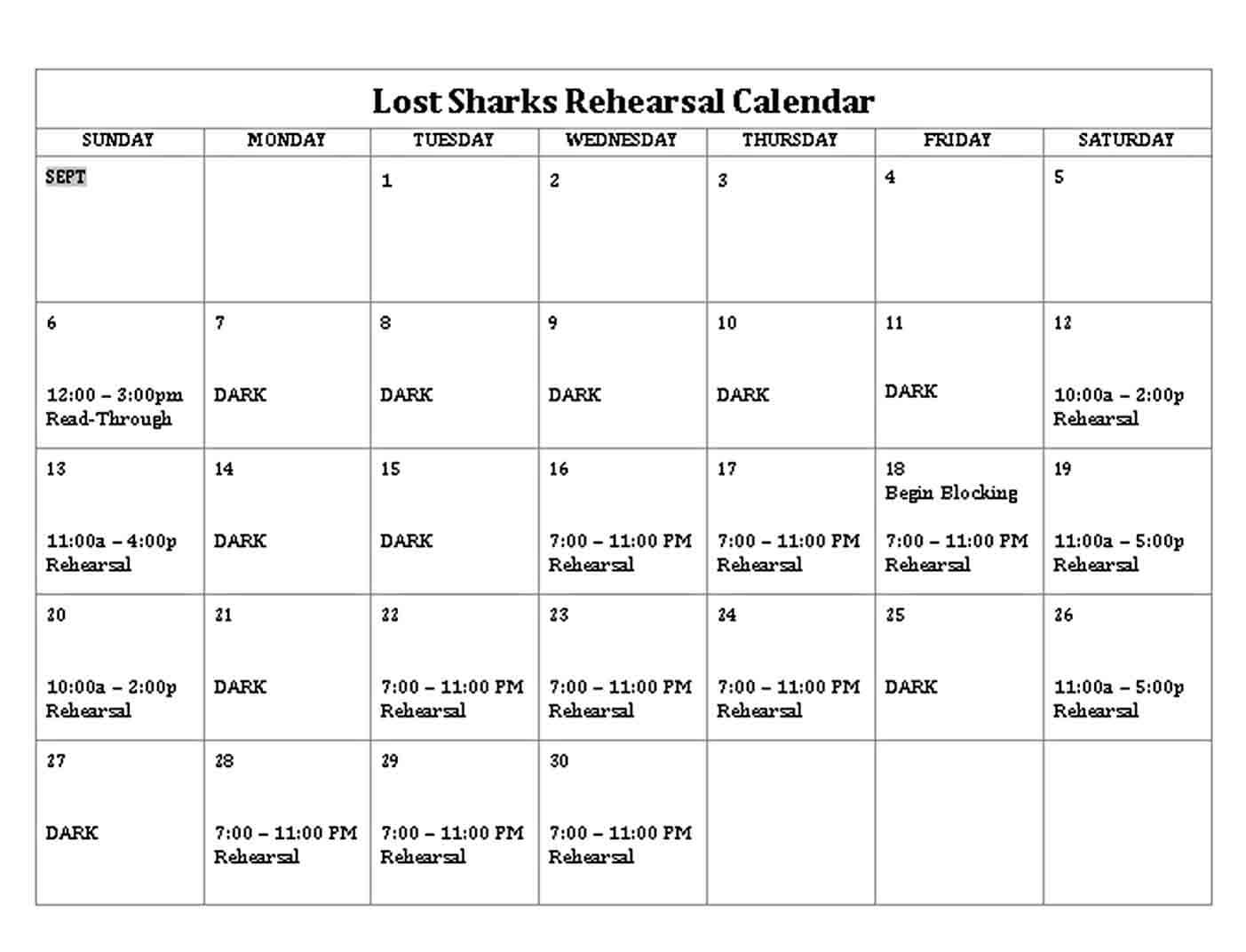 Lost Sharks Rehearsal Schedule Template Word Doc