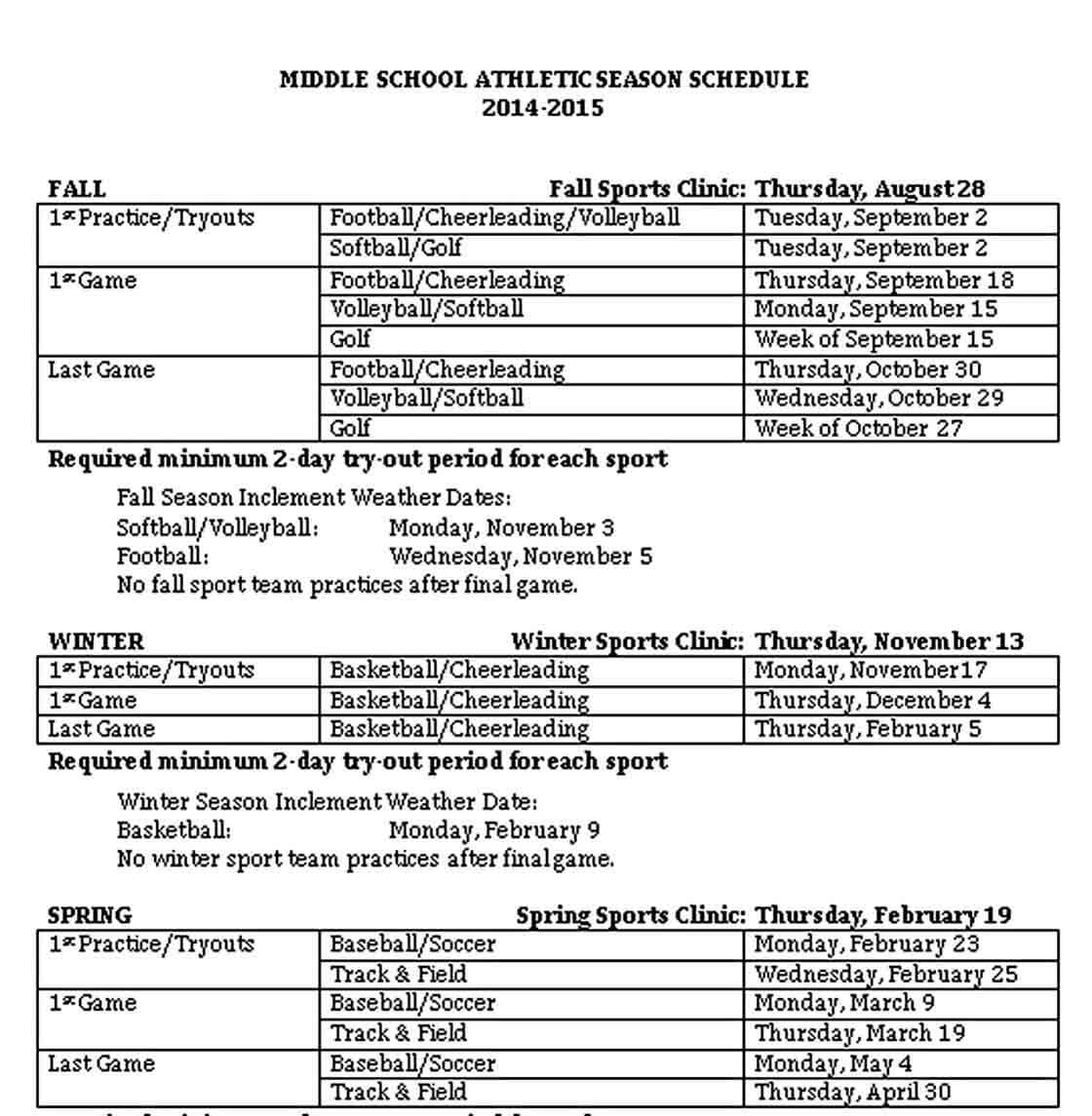 Middle School Sport Season Schedule Template 1