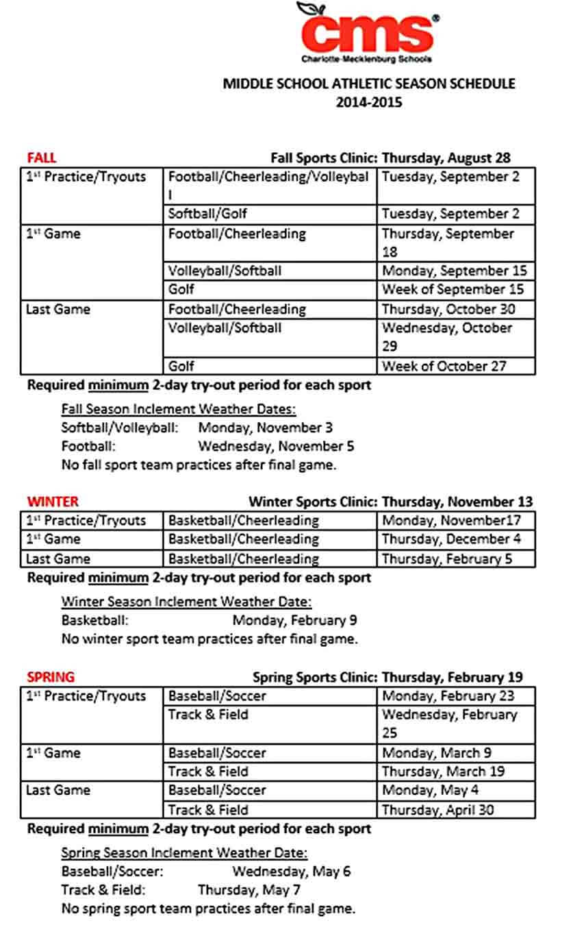 Middle School Sport Season Schedule Template