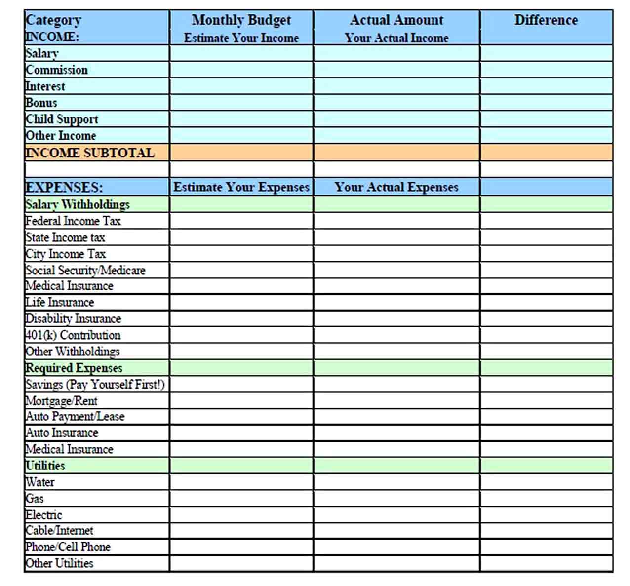 Monthly Family Budget Template