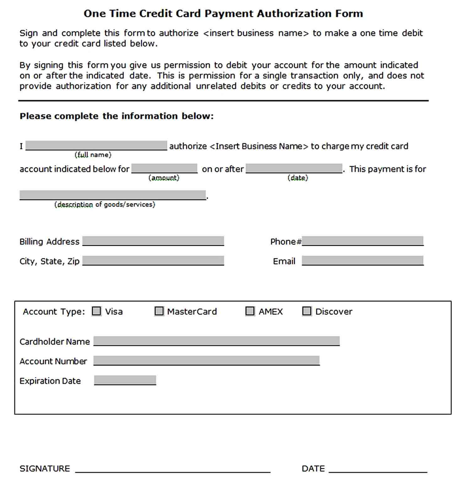 One Time Credit Card Payment Authorization Form Template