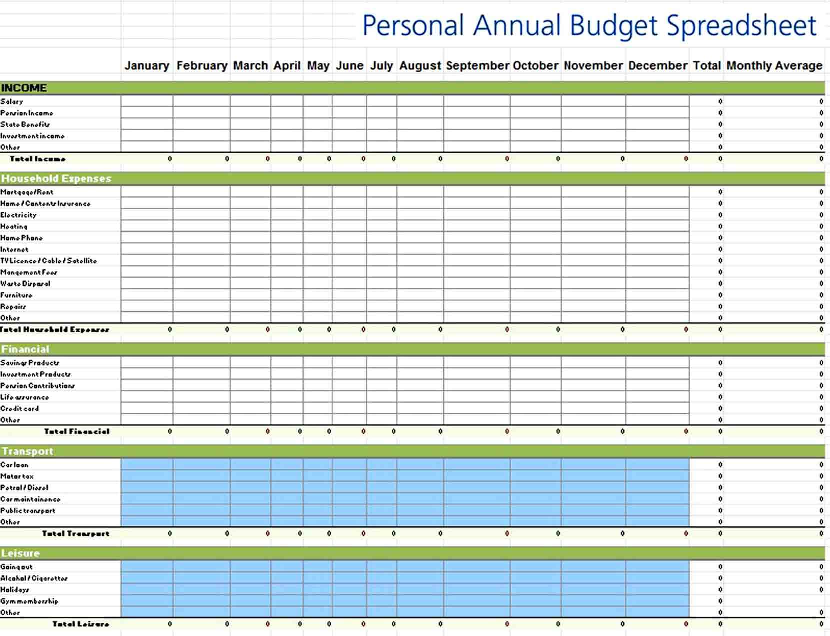 Personal Annual Budget Spreadsheet