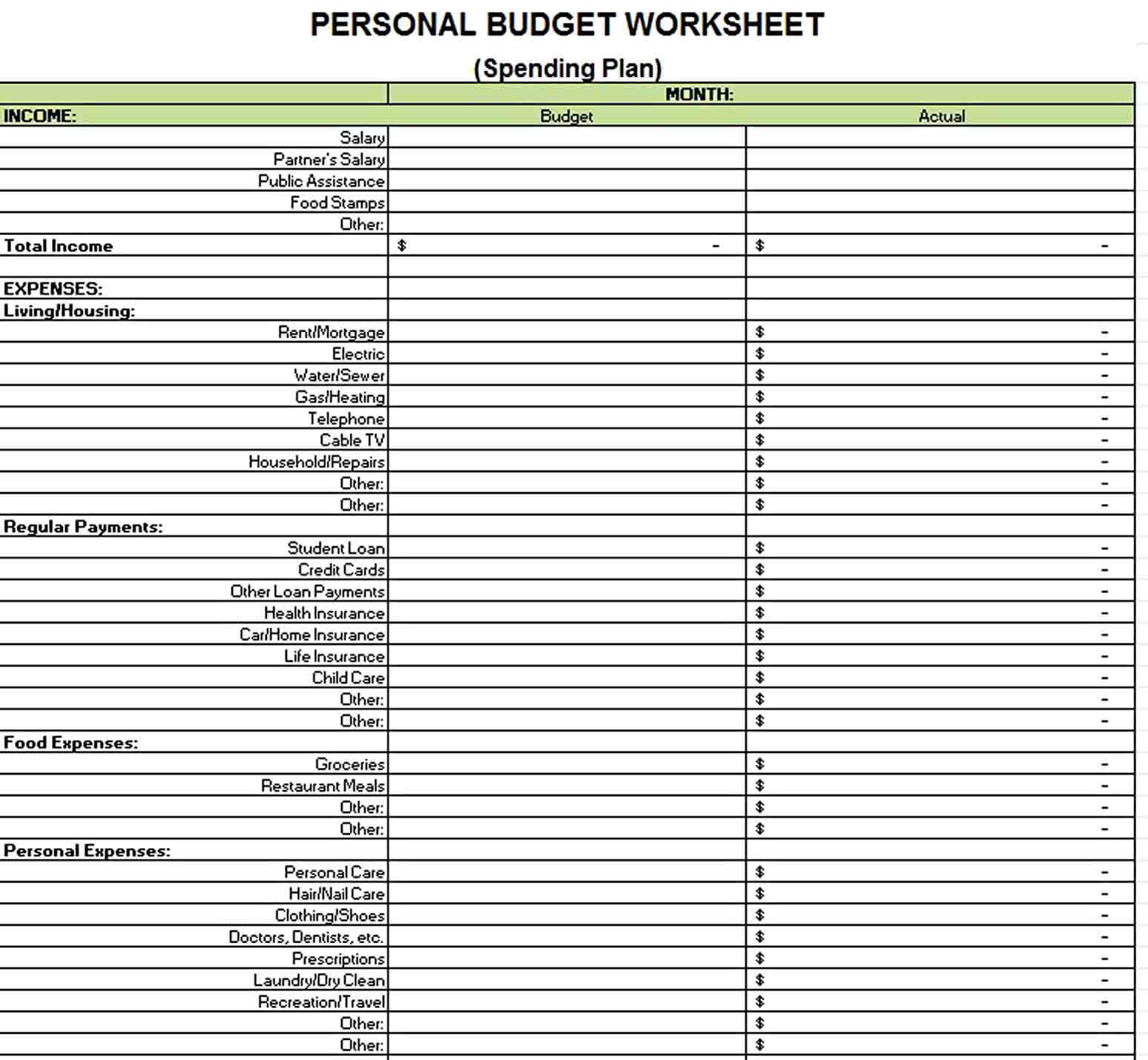 Personal Budget Weekly Expenses Worksheet