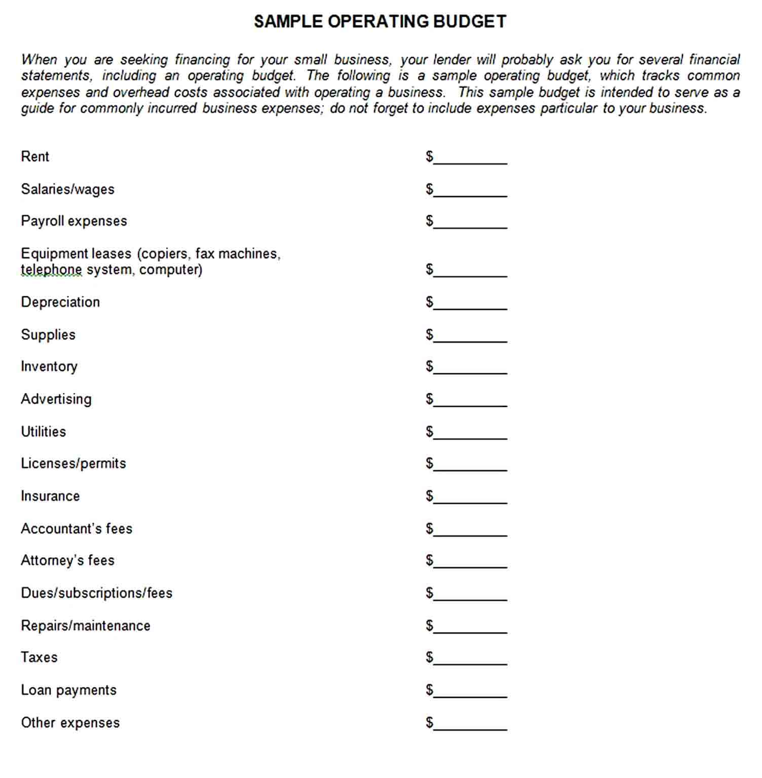 Small Business Operating Budget Template 1