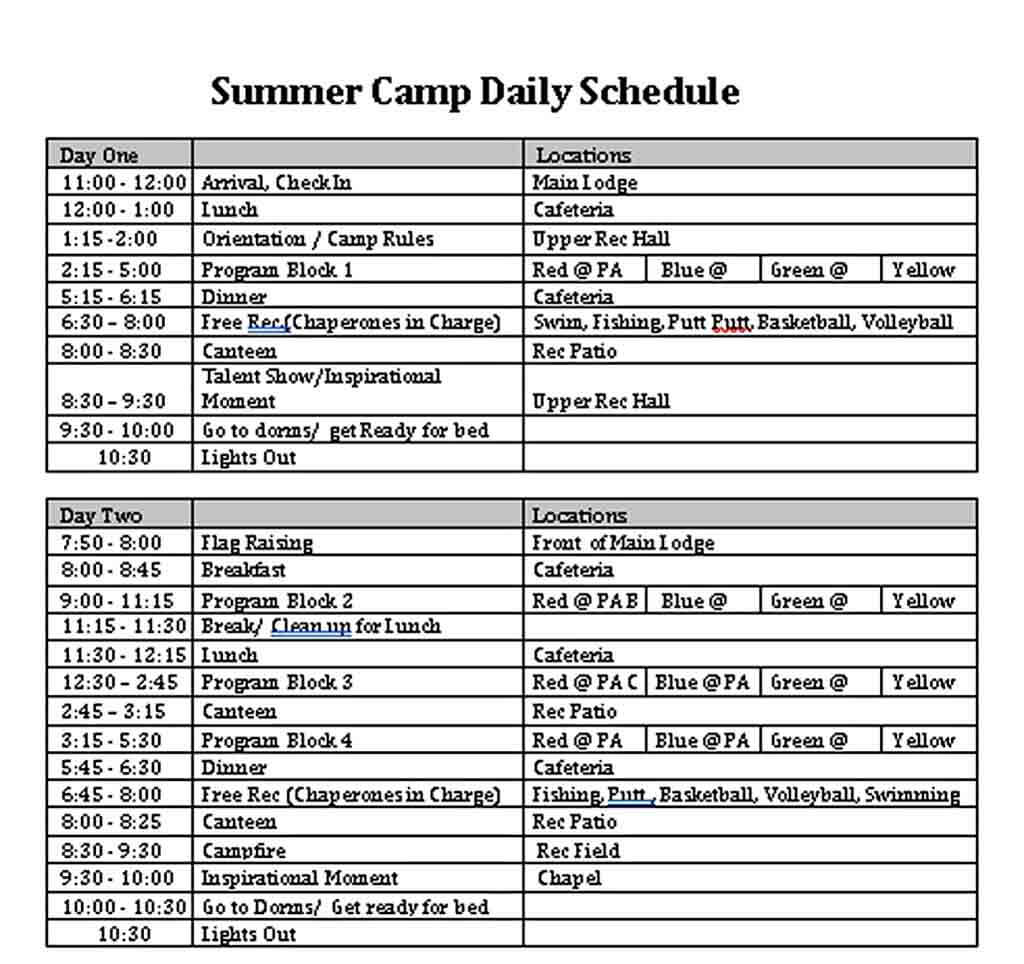 Summer Camp Daily Schedule Download in PDF 1