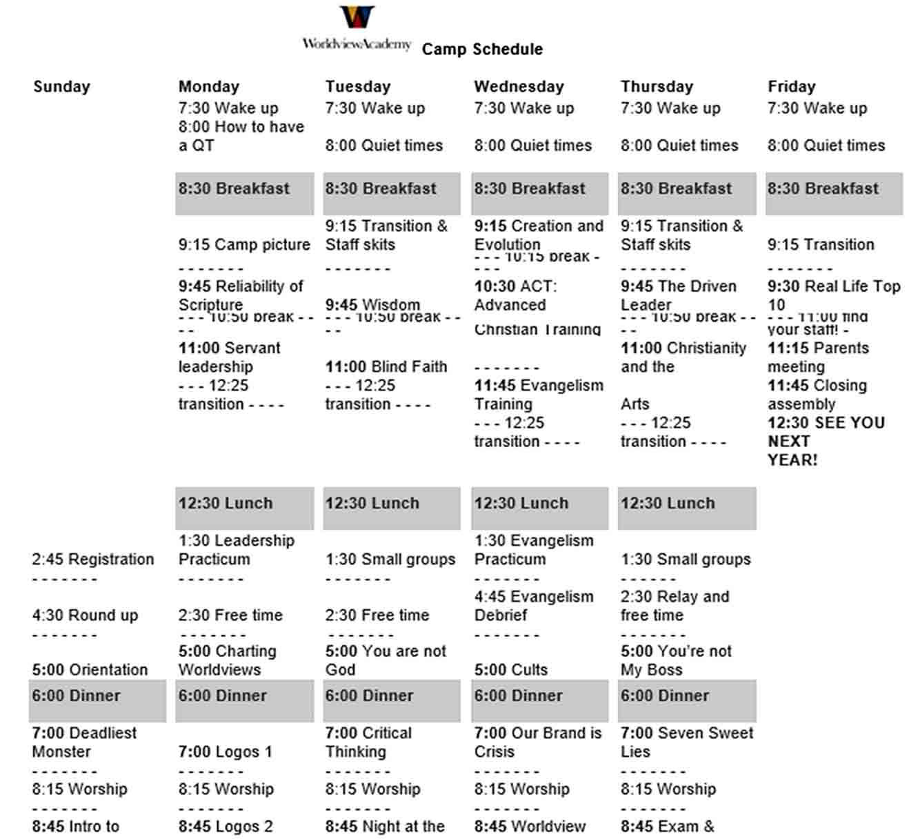 Weekly Camp Schedule Template PDF Download