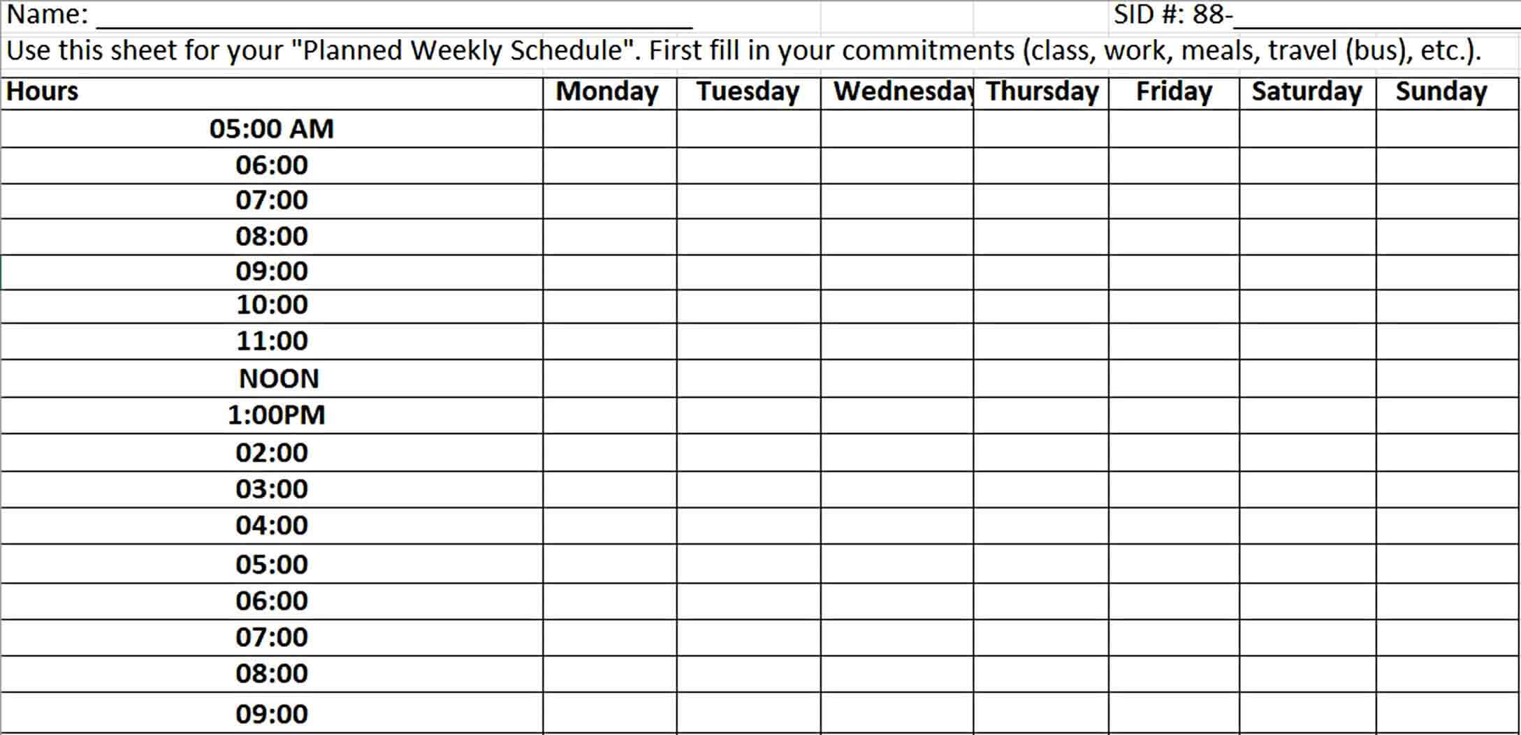 Weekly Planned Schedule Template Excel