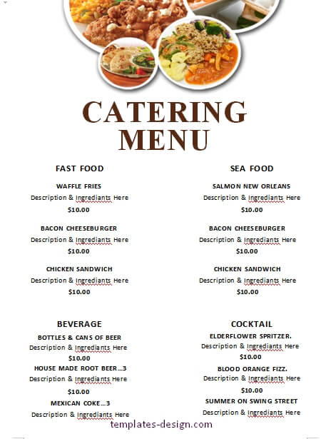 catering menu free word template