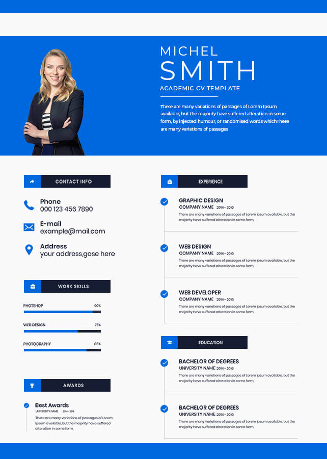academic cv template in Photoshop PSD